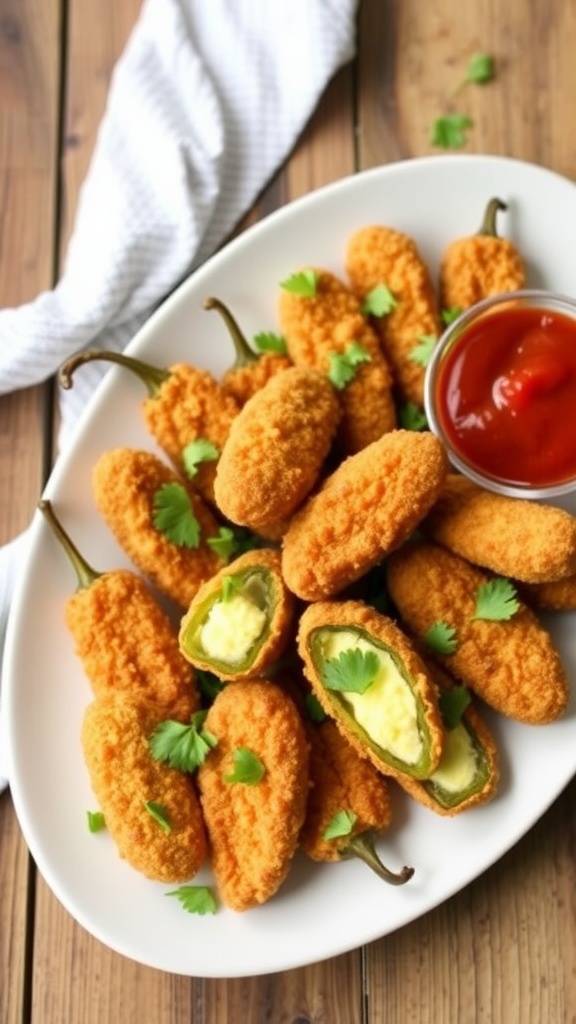 Golden brown vegan jalapeño poppers on a plate garnished with cilantro, alongside a bowl of dipping sauce.